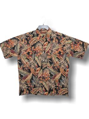 TORI RICHARD Large 100% Cotton Lawn Hawaiian Aloha Vacation Shirt Black Leaves